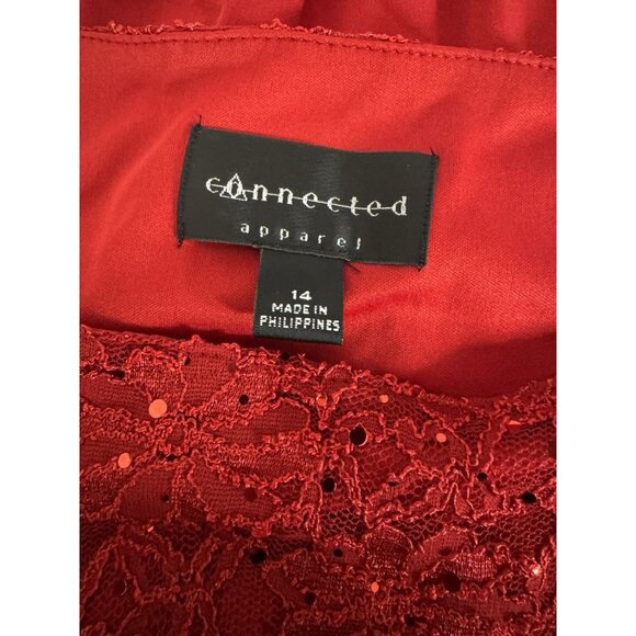Connected Apparel Dress 14 Red Sequin Lace Trim Sleeveless Washable NEW - Picture 4 of 9
